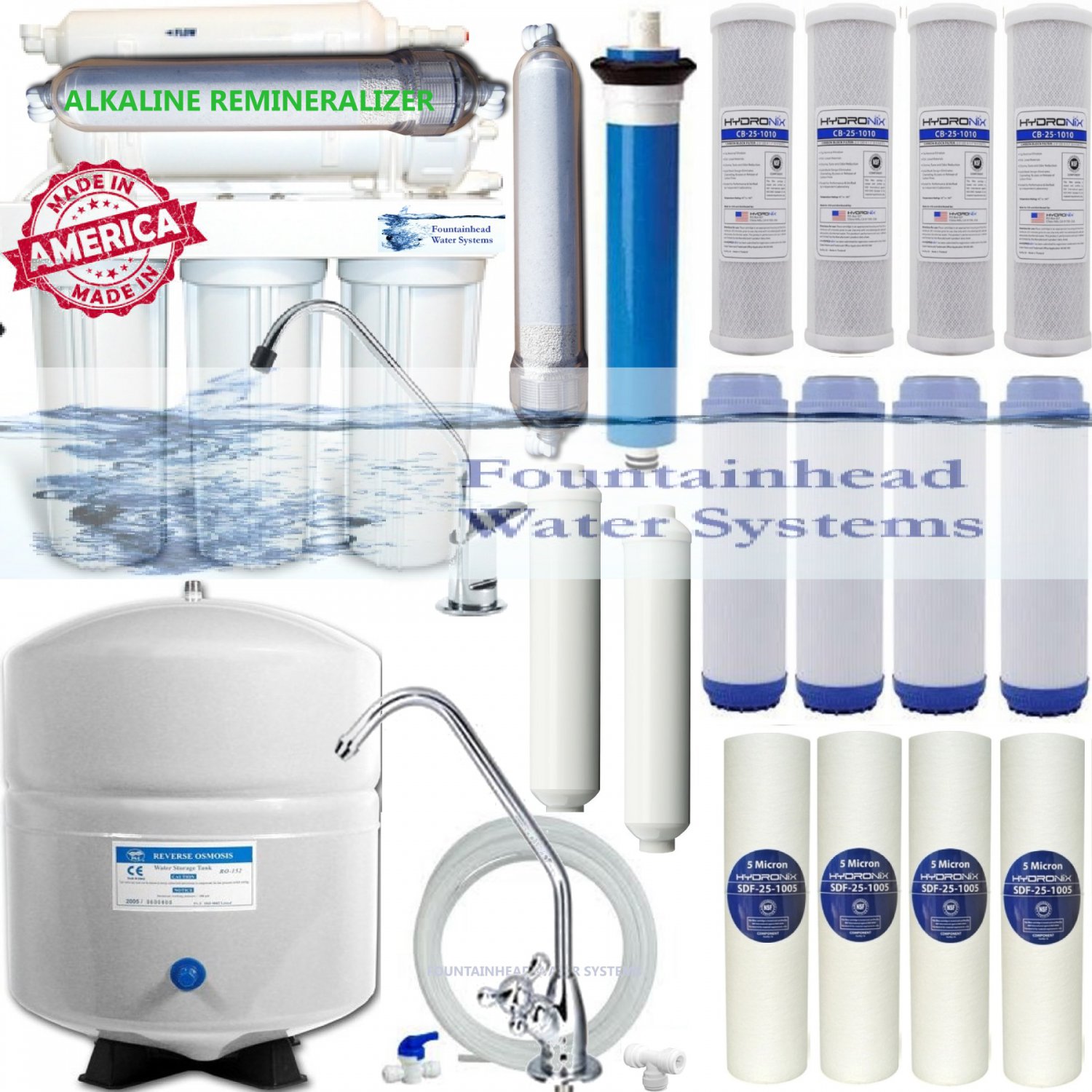 Alkaline Reverse Osmosis Bundle 100GPD Bulk Filters Ice Maker Line Faucet Choice