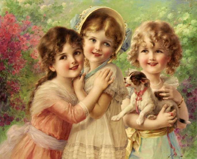 8 x 10 3 Cute Victorian Girls with Puppy Cotton Fabric Quilt Block