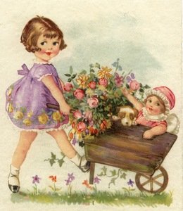 Vintage Little Girl with Wagon and Flowers Cotton Fabric Panel