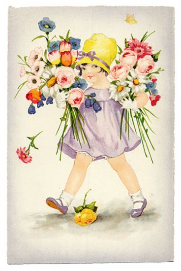 20s Cute Little Girl holding Roses and Daisies 4 x 5 1/4 Fabric Block