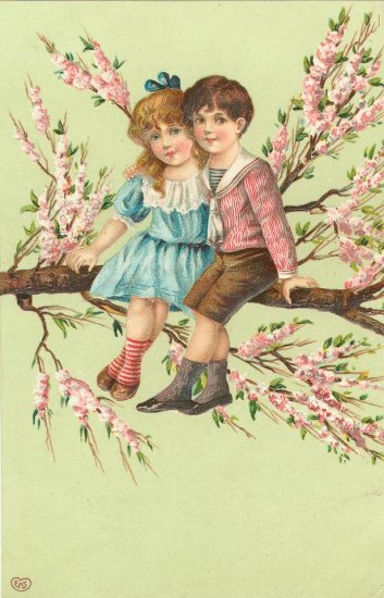 4 x 4 3/4 Victorian Boy and Girl in a Tree Fabric Block