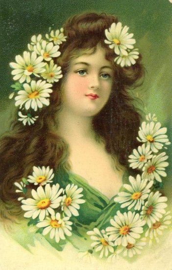 Victorian Beauty Green with Daisies in her Hair Cotton Twill Fabric Block