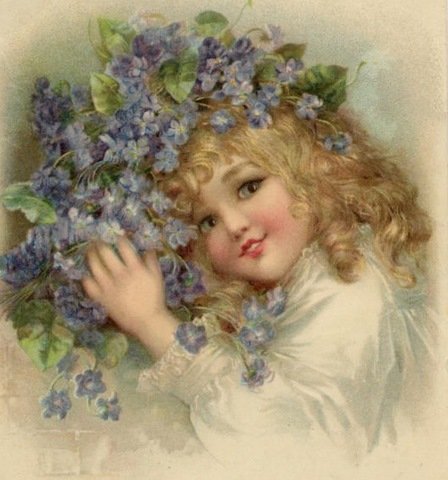 Adorable Little Girl with Violets Cotton Twill Panel
