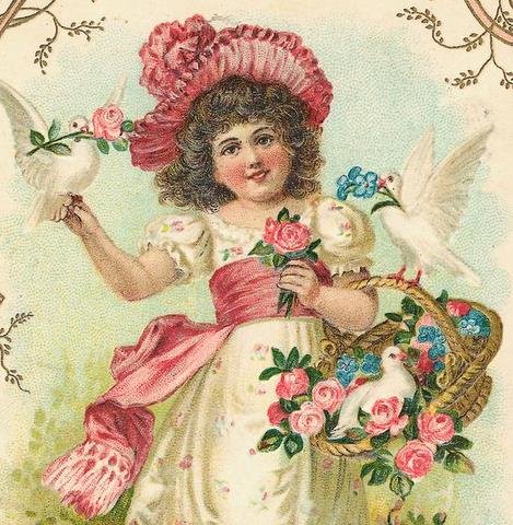 Victorian Girl with Birds and a Basket of Roses Cotton Fabric Panel