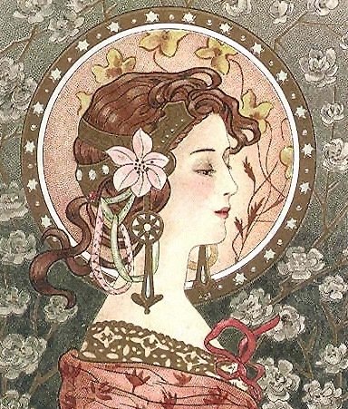 Art Nouveau Woman with Headpiece Fabric Art Panel