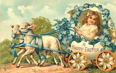 Victorian Happy Easter Girl with Lambs Cotton Fabric Panel