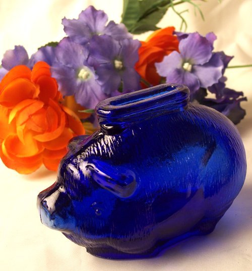 Cobalt Blue Glass Pig Bank