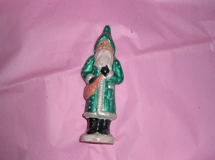 Chalkware Chaulkware Santa Green with dots carrying bag 4.75 inches