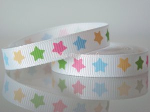 1 Yard of Star Grosgrain Ribbon, 3/8" (9mm) White Ribbon w/ Pink, Blue, Green, & Yellow Stars, R108