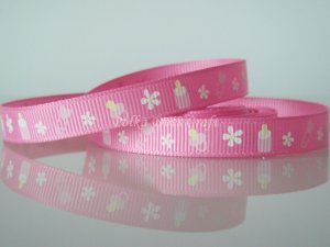 1 Yard of 3/8" Baby Milk Bottles Safety Pins Pacifiers Ribbon, Shower Baptism It's A Girl Pink, R173