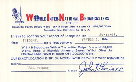 QSL 1983 World International Broadcasters WINB -signed - Sweden Shop