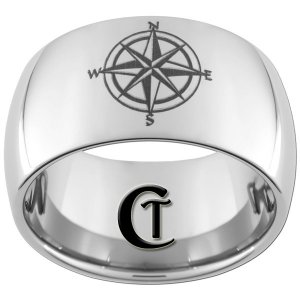 12mm Tungsten Carbide Band Dome Nautical Compass Ring Sizes 5-15