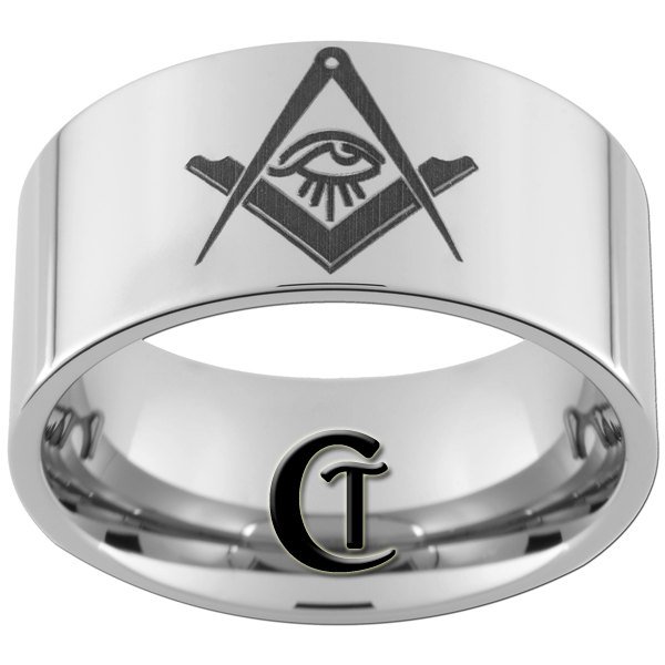 12mm Pipe Tungsten Carbide Masonic Square and Compass with All Seeing Eye Ring Sizes 5-15