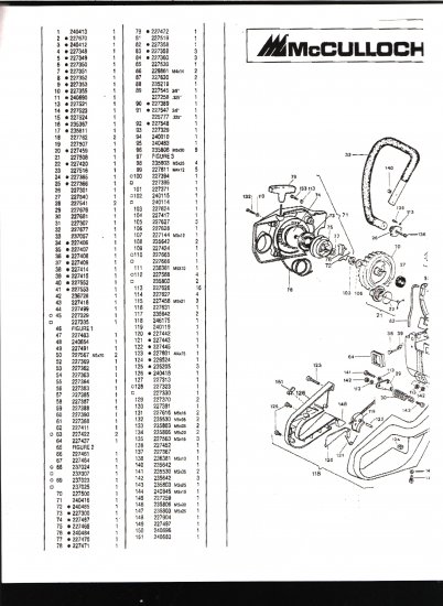 Chain Saw Parts List Mc Culloch , Mac 951, 955,961, Daytona 3000, 5000, 6000