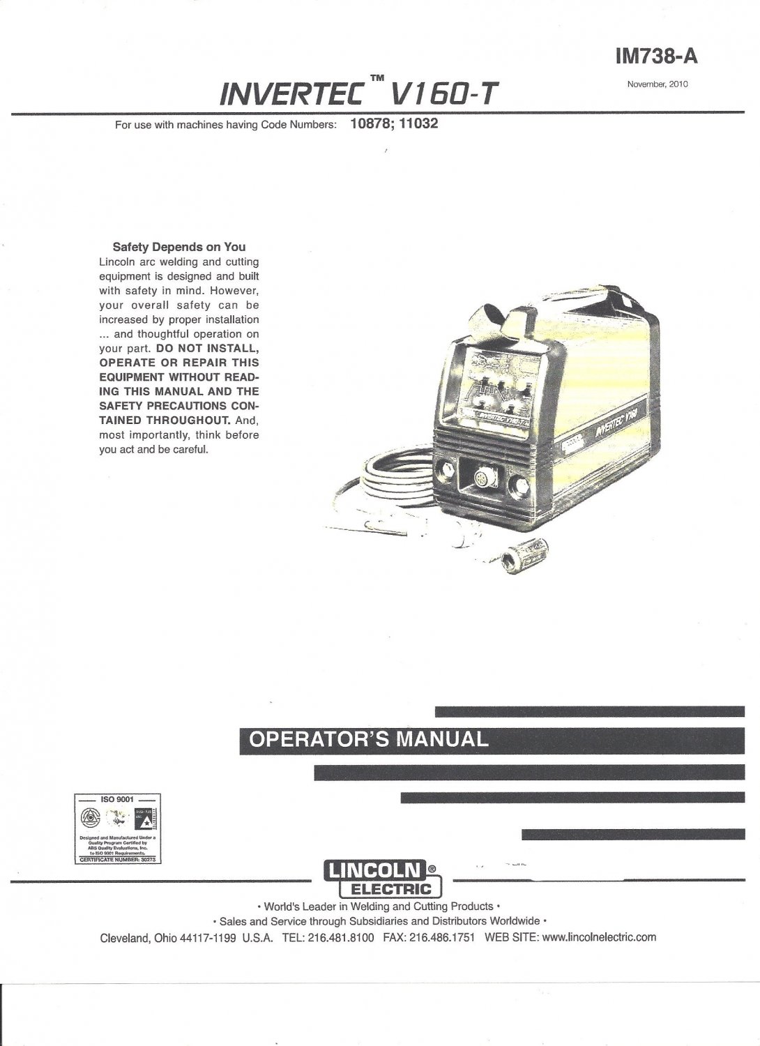 Lincoln Electric INVERTEC V160T Welder Operator's Manual ( Copy)