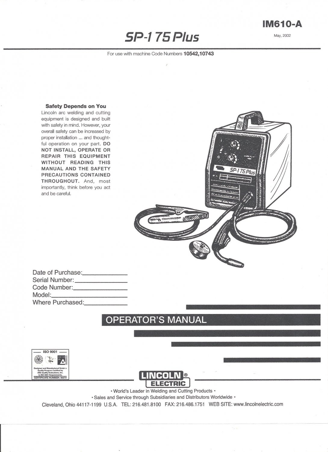 Lincoln Electric SP-175 PLUS Welder Operator's Manual ( Copy)