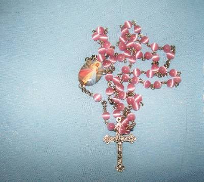 Handmade Pink Cats Eye bead Devine Mercy Rosary