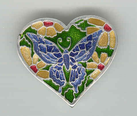 Baragain Jewelry: Silvertone Multicolored Enamel Butterfly Heart Pin