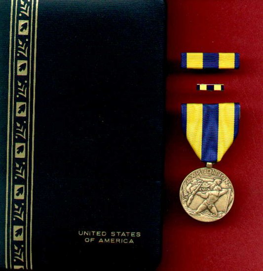 US Navy Expeditionary medal in case with ribbon bar and lapel pin