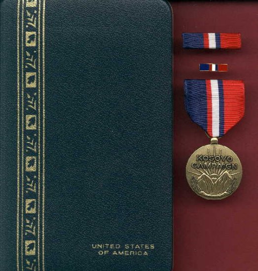 Kosovo Campaign medal in case with ribbon bar and lapel pin