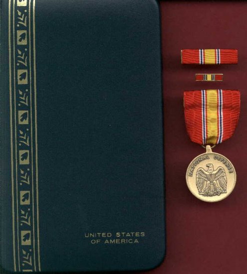 US National Defense Service Award medal in case with ribbon bar and lapel pin