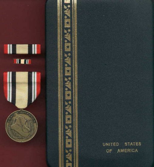 Iraq Campaign medal in case with ribbon bar and lapel pin