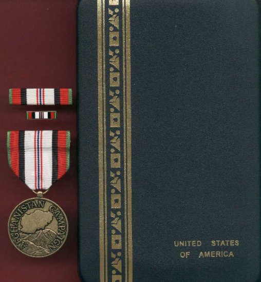 Afghanistan Campaign medal in case with ribbon bar and lapel pin