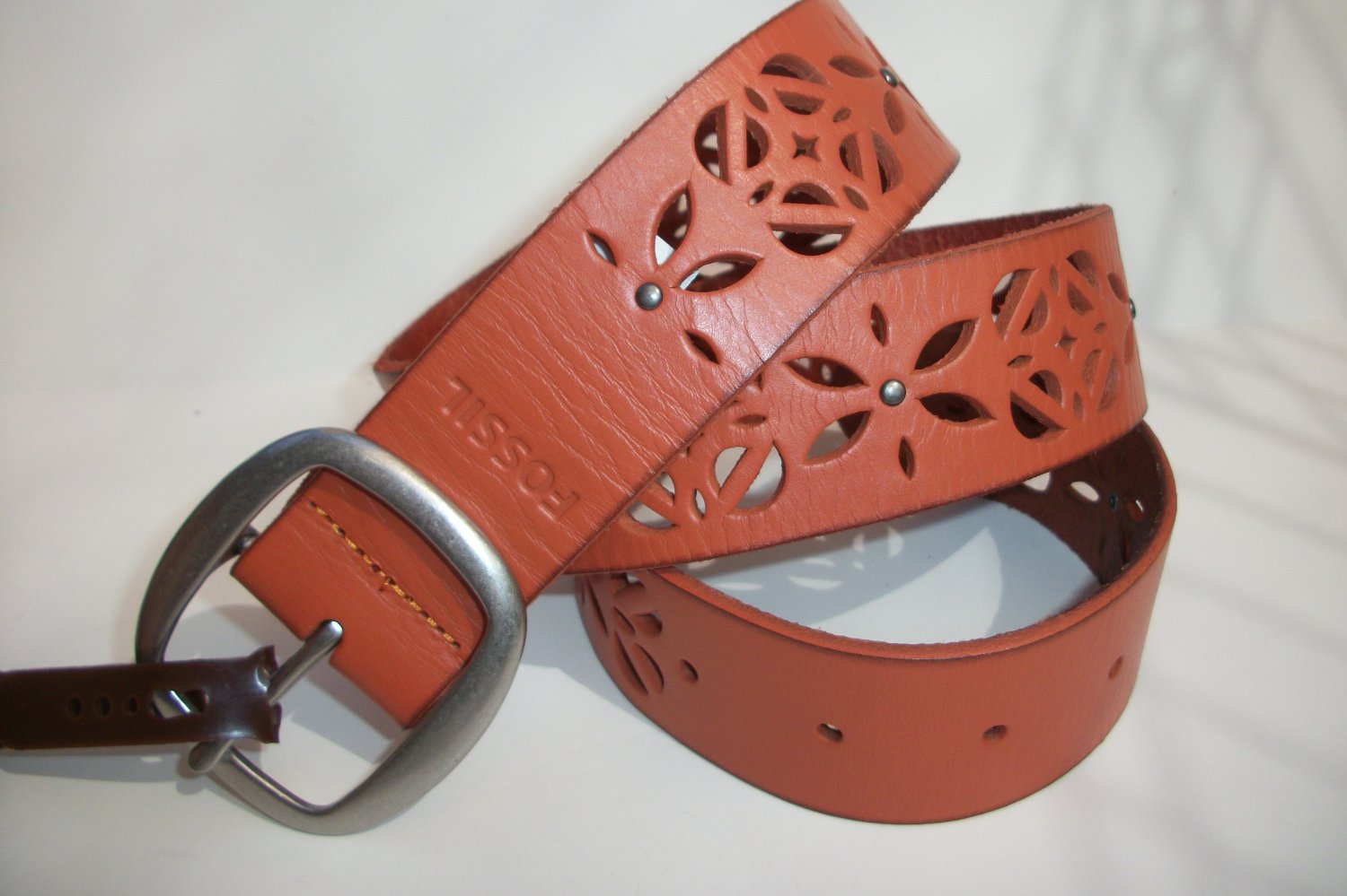 Fossil Brand Signature Floral Cut Out Perforated Leather Belt Light Orange