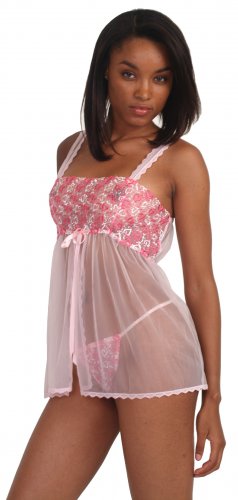 Sheer babydoll with embroidered hearts top, set