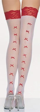 Sheer thigh hi with contrast lace top and bows on the back