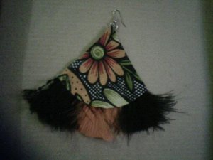 African orange and black cloth and feather earring