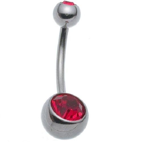 Stainless Stell Belly Ring with Double Red Siam Swarovski Gems
