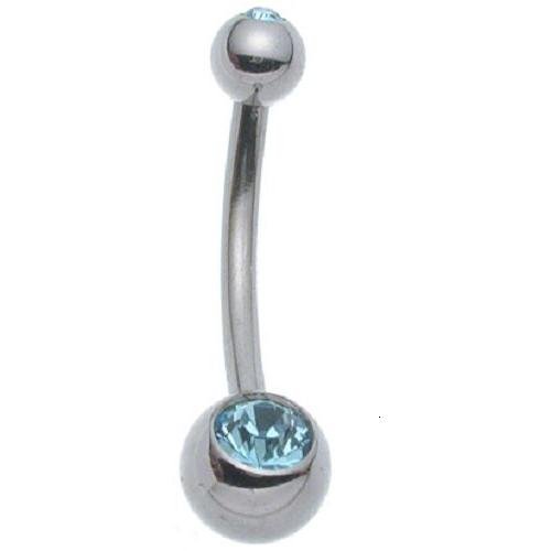 Stainless Steel Belly Ring with Double Aquamarine Gems