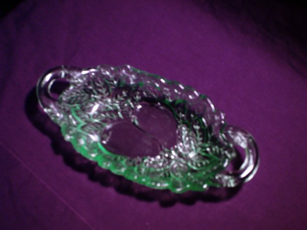 Beautiful green glass basket with pears, leaves and handles