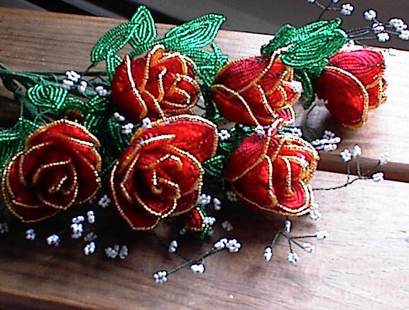 Red w/Gold Trim French Beaded Rose
