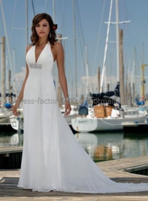 A-line Halter White Chiffon Wedding Dress V-neck Backless Beaded Beach Bridal Gown
