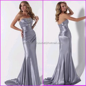 Silver Satin Evening Dress Long Prom Dress Bridal Gown Mermaid Strapless Party Dress