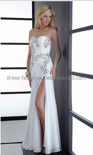 Strapless White Blue Chiffon Bridal Evening Dress Prom Dress Front Slit Jeweled Formal Gown