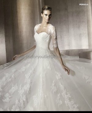 Strapless 3/4 Sleeves Jacket Pergola Bridal Gown Pleated White Lace Tulle A-line Wedding Dress PV321