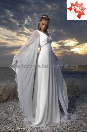A-line White Chiffon Long Sleeves Bridal Gown V-neck Empire Waist Wedding Dress