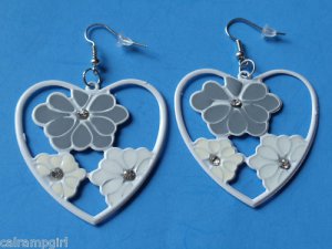 2" Gray White Heart Metal Flower Earrings Plumeria