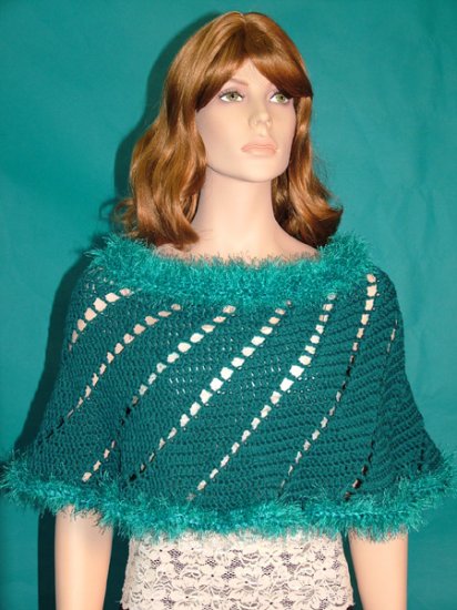 KNC Hand-Crochet Spiral Merino Wool Poncho Turquoise