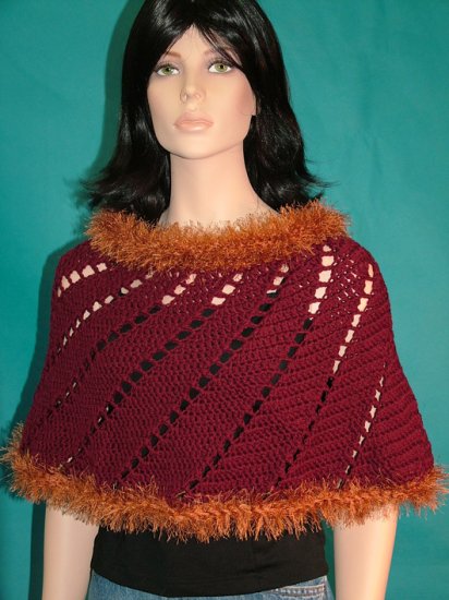 KNC Hand-Crochet Merino Wool Spiral Poncho Burgundy