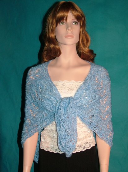 KNC Hand Knit Bell Stitch Shawl OOAK Exclusive Sky