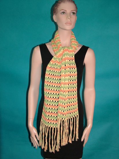 KNC Hand Crochet Lacey Bubble Stitch Scarf Maize-Tangerine-Olive