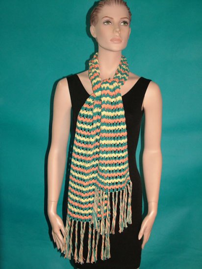 KNC Hand Crochet Lacey Bubble Stitch Scarf Maize-Teal-Tangerine