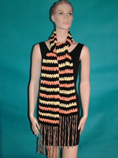 KNC Hand Crochet Lacey Bubble Stitch Scarf Black-Tangerine-Maize