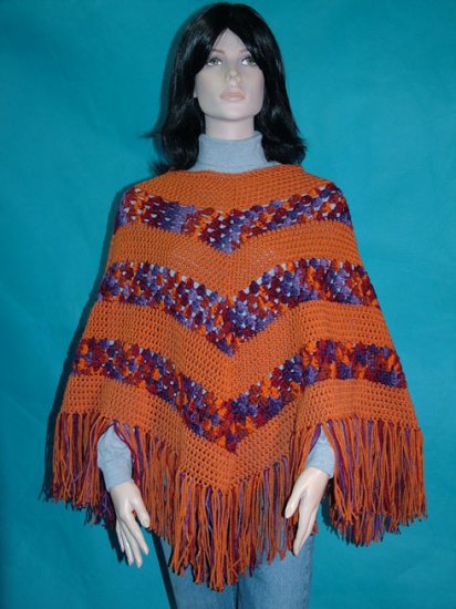 KNC Hand Crochet Classic Shell Poncho Carrot