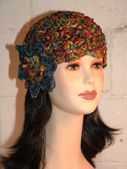 KNC Hand Crochet Ribbon 'n Rose Cloche Autumn Leaves