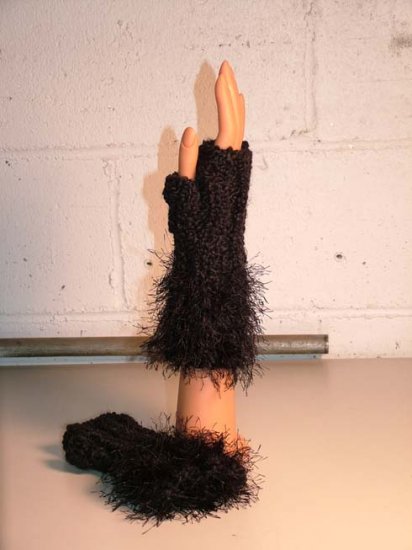 KNC Hand Knit Homespun Fur Wrist Warmers Black